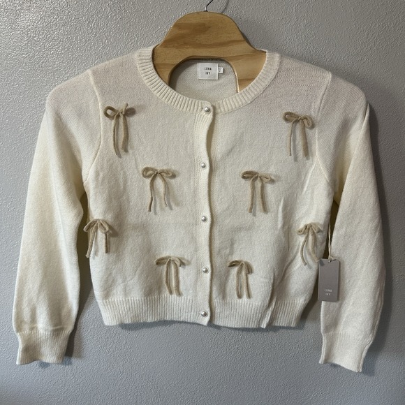 Anthropologie Sweaters - Luna Ivy Women's Size Small Ivory 3D Bows Knit Sweater Cardigan Pearl Button NWT